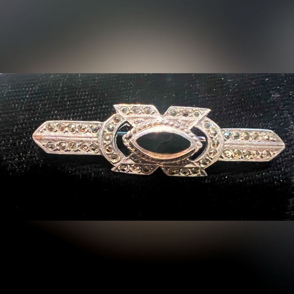 1920s Art Deco 🖤 Sterling & Onyx Bar Pin Marcasite Pave 🖤 - Picture 1 of 6